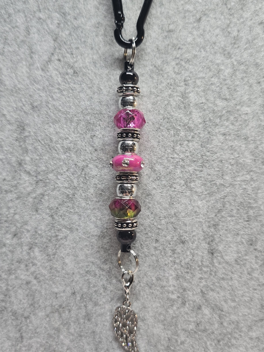 Handmade Pink Beaded Charm Keychain with Silver Wing Accent